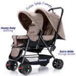 Teknum Story Twin Stroller for 6M-3Y – Compact Double Baby Pram, Dual Recline, Linen Cushioned, Easy Fold, Foot Locks, Canopy – Khaki