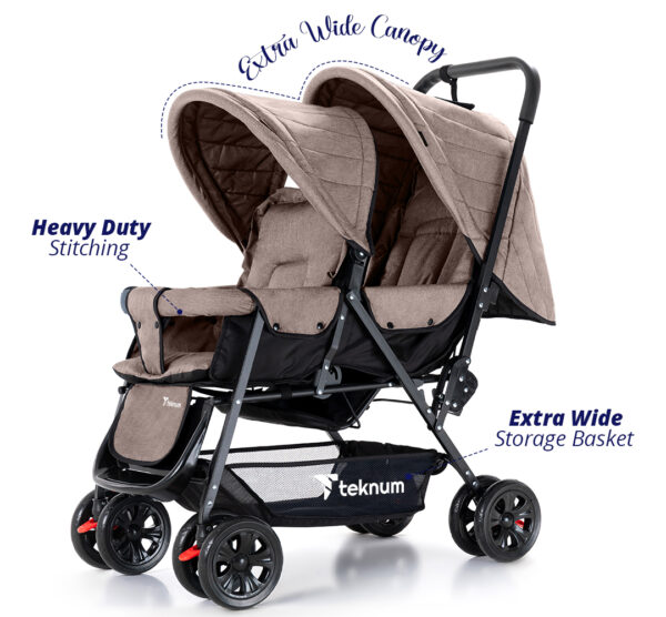Teknum Story Twin Stroller for 6M-3Y – Compact Double Baby Pram, Dual Recline, Linen Cushioned, Easy Fold, Foot Locks, Canopy – Khaki