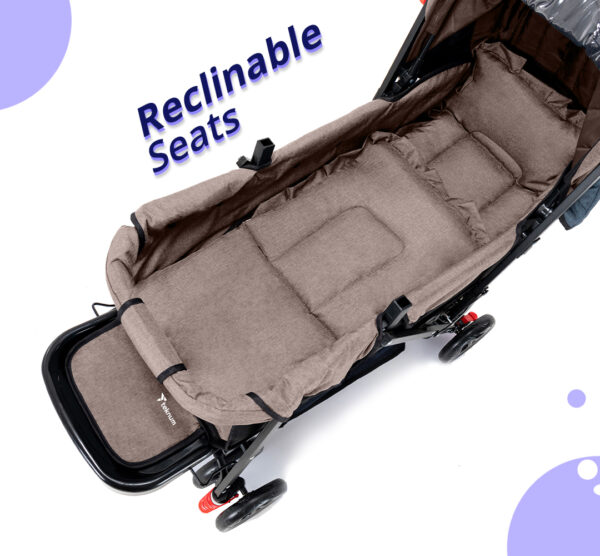 Teknum Story Twin Stroller for 6M-3Y – Compact Double Baby Pram, Dual Recline, Linen Cushioned, Easy Fold, Foot Locks, Canopy – Khaki