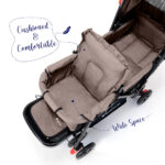 Teknum Story Twin Stroller for 6M-3Y – Compact Double Baby Pram, Dual Recline, Linen Cushioned, Easy Fold, Foot Locks, Canopy – Khaki
