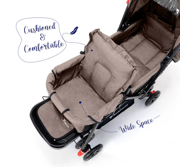 Teknum Story Twin Stroller for 6M-3Y – Compact Double Baby Pram, Dual Recline, Linen Cushioned, Easy Fold, Foot Locks, Canopy – Khaki