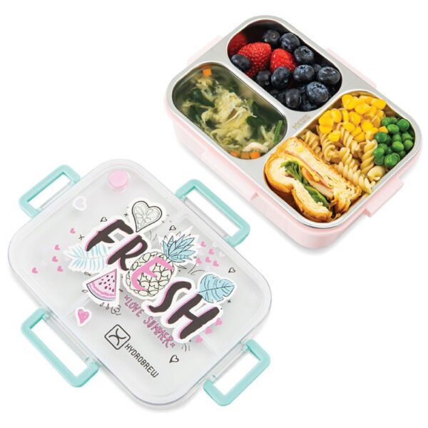 Hydrobrew – Steel Core Bento Lunch Box 3 Compartment 750ml – Fresh Pink