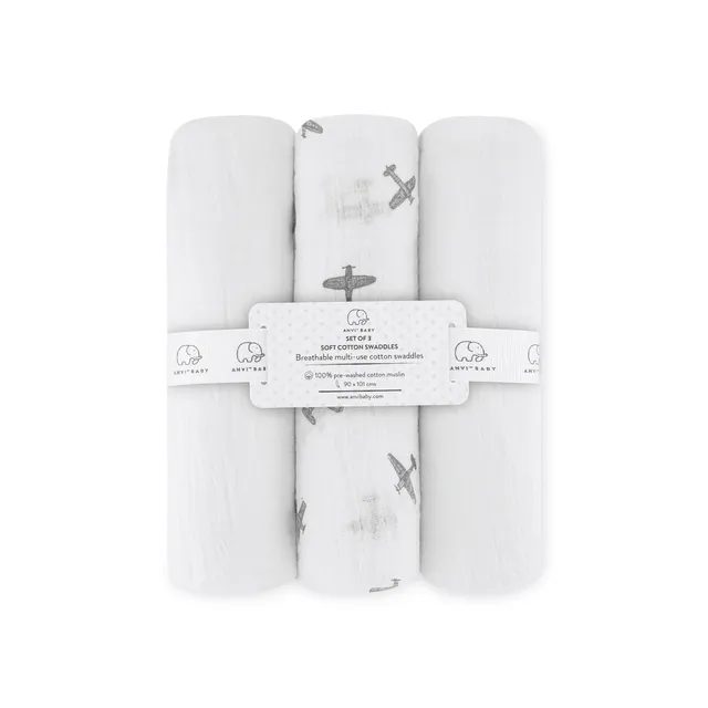 Anvi Baby - Cotton Swaddle - Airplane Design - Pack Of 3