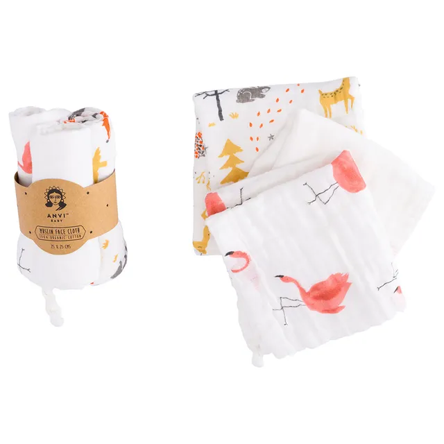 Anvi Baby - Organic Face & Burp Cloth / Towel - Flamingo & Fox