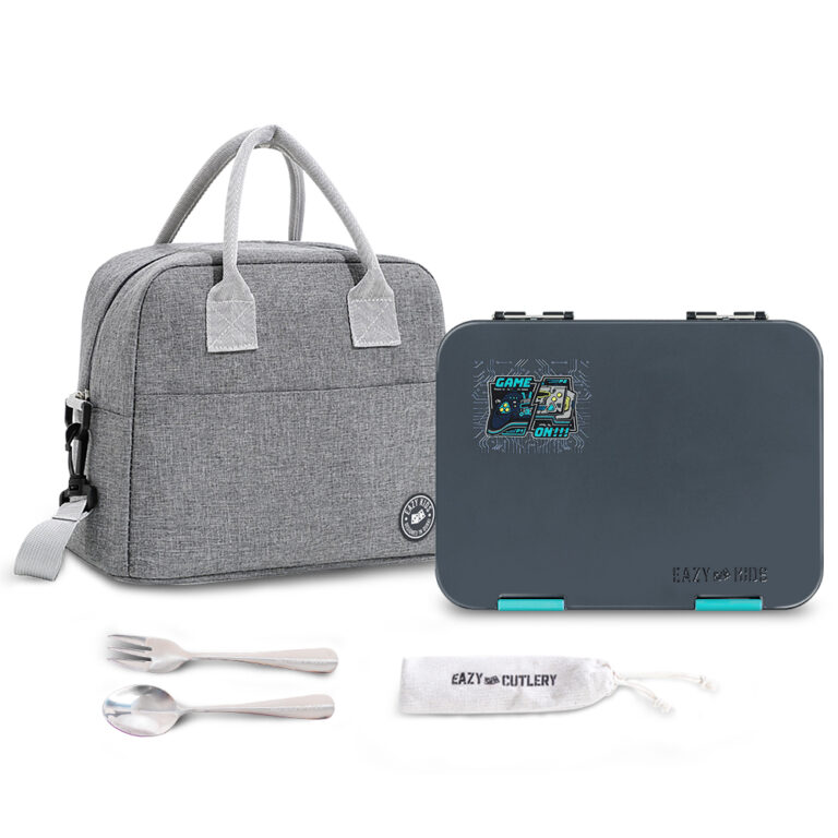 Eazy Kids - Convertible Bento Lunch Box w/ Insulated Lunch Bag – Game ON Grey