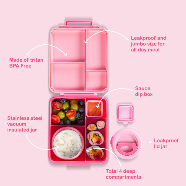 Eazy Kids – Insulated Lunch Bag w/ Jumbo Bento Lunch Box – Pink