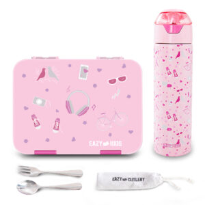 Eazy Kids – Convertible Bento Lunch Box w/ Insulated Stainless Steel Water Bottle 640ml – Life Pink