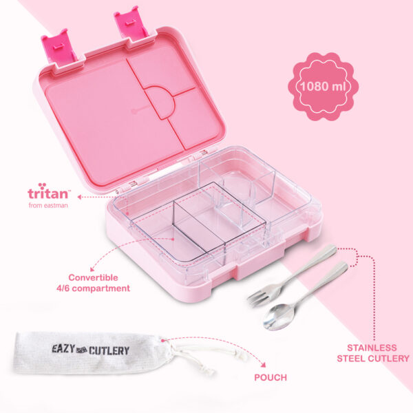 Eazy Kids – Convertible Bento Lunch Box w/ Insulated Stainless Steel Water Bottle 640ml – Life Pink