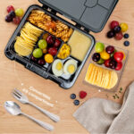 Eazy Kids – Convertible Bento Lunch Box w/ Insulated Lunch Bag – Football Black