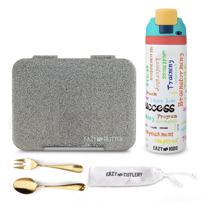 Eazy Kids - Convertible Bento Lunch Box w/ Stainless Steel Water Bottle 710ml – Glitter Ivory