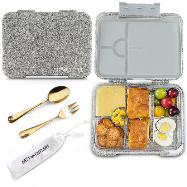 Eazy Kids – Convertible Bento Lunch Box w/ Stainless Steel Water Bottle 710ml – Glitter Ivory
