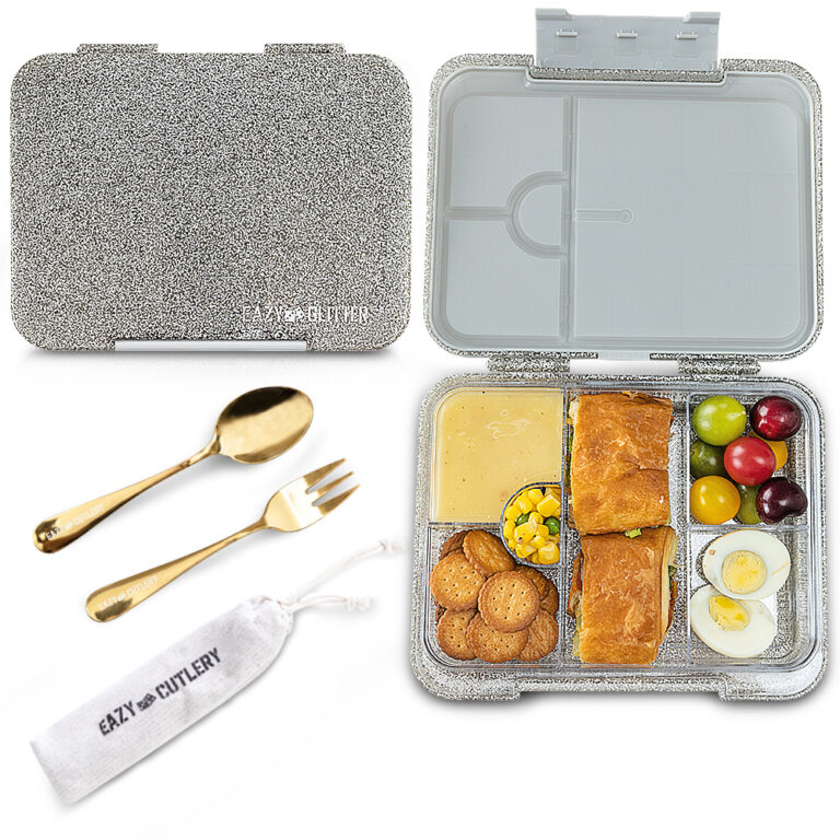 Eazy Kids - Convertible Bento Lunch Box w/ Stainless Steel Water Bottle 710ml – Glitter Ivory