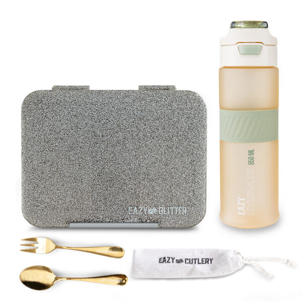 Eazy Kids – Convertible Bento Lunch Box w/ Tritan Water Bottle 850ml – Glitter Ivory