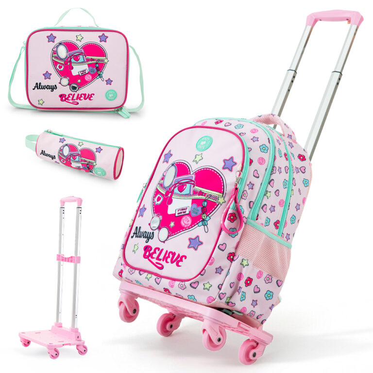 Eazy Kids - 17” School Bag Set of 3 w/ 4-Wheel Trolley – Backpack, Lunch Bag & Pencil Case, Always Believe Pink