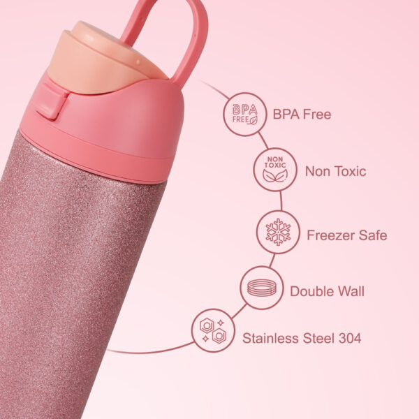 Eazy Kids – Glitter Stainless Steel Water Bottle 720ml w/ Convertible Bento Lunch Box – Glitter Pink
