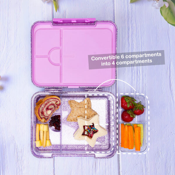 Eazy Kids – Convertible Bento Lunch Box w/ Glitter Stainless Steel Water Bottle 720ml – Glitter Purple