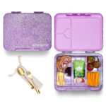 Eazy Kids – Convertible Bento Lunch Box w/ Glitter Stainless Steel Water Bottle 720ml – Glitter Purple