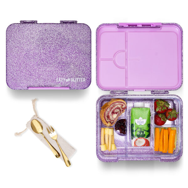 Eazy Kids – Convertible Bento Lunch Box w/ Glitter Stainless Steel Water Bottle 720ml – Glitter Purple