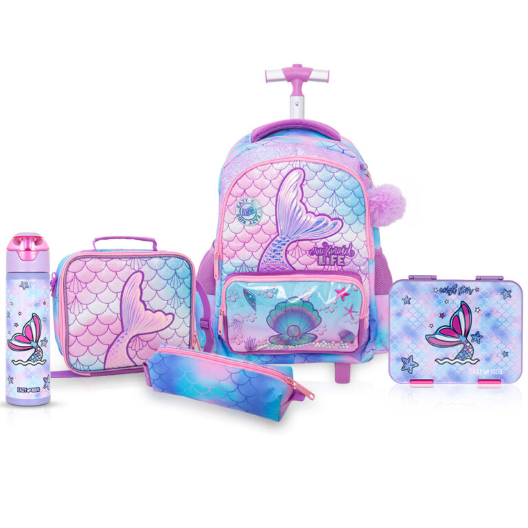 Eazy Kids - 17” Trolley School Backpack Set w/ Convertible Bento Lunch Box & Insulated Water Bottle – Mermaid Pink
