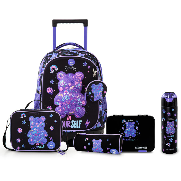 Eazy Kids - 18” Trolley School Bag Set of 4 w/ Insulated Water Bottle & Convertible Bento Lunch Box – Teddy Black