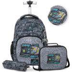 Eazy Kids – 17” Trolley School Backpack Set w/ Convertible Bento Lunch Box & Insulated Water Bottle – Gamer Grey