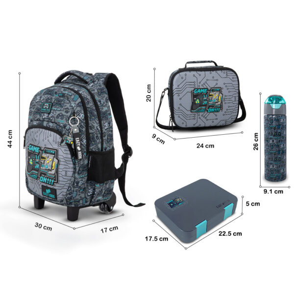 Eazy Kids – 17” Trolley School Backpack Set w/ Convertible Bento Lunch Box & Insulated Water Bottle – Gamer Grey