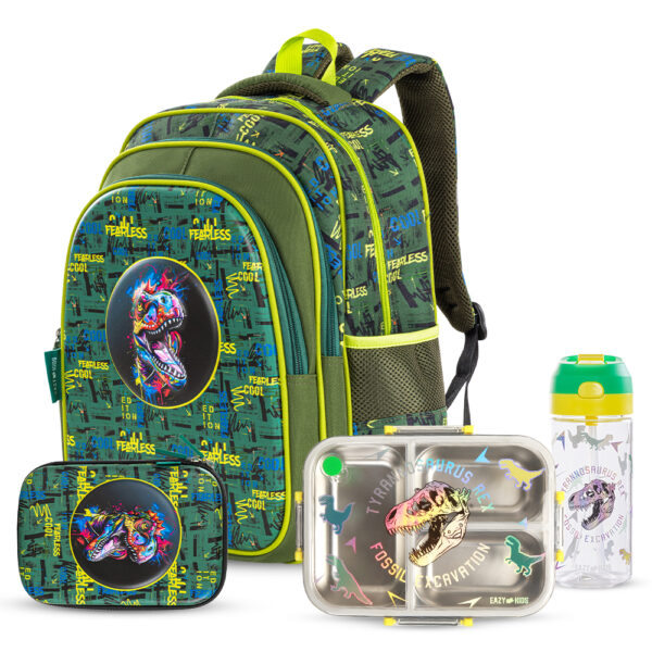 Eazy Kids – Dino School Bag Set w/ Bento Lunch Box & Spray Water Bottle – Green
