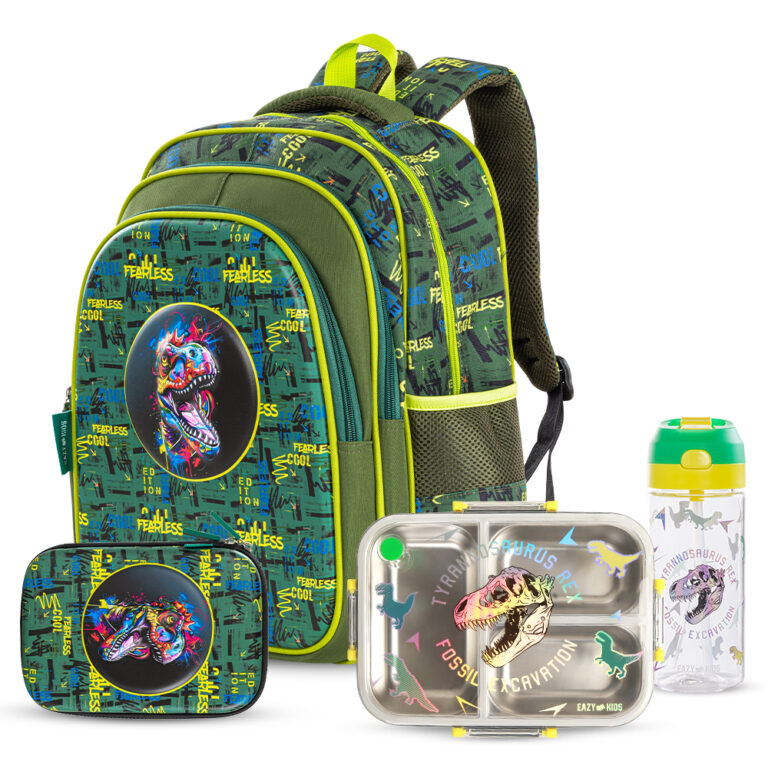 Eazy Kids - Dino School Bag Set w/ Bento Lunch Box & Spray Water Bottle – Green