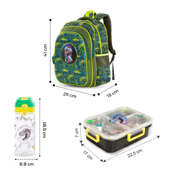 Eazy Kids – Dino School Bag Set w/ Bento Lunch Box & Spray Water Bottle – Green