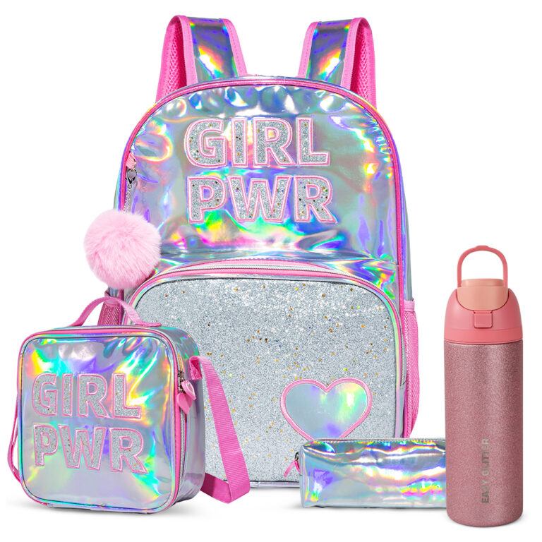 Eazy Kids - Girl Power School Bag Set w/ Glitter Stainless Steel Water Bottle – Pink