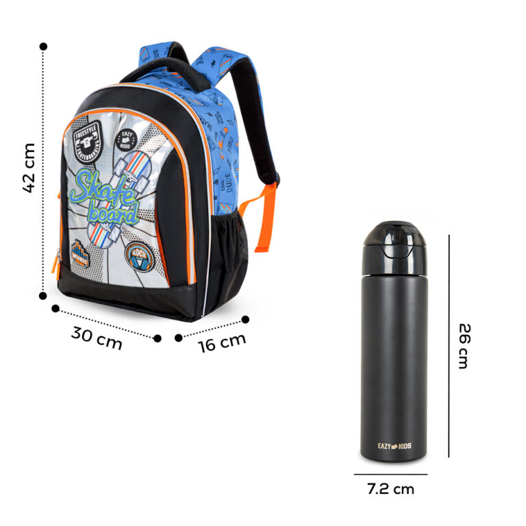 Eazy Kids - Skateboard School Bag Set w/ Insulated Stainless Steel Spray Water Bottle – Blue