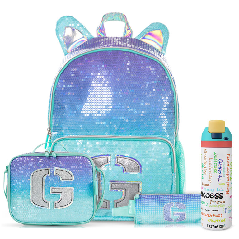 Eazy Kids - Girl Glitter School Bag Set w/ Stainless Steel Water Bottle – Green