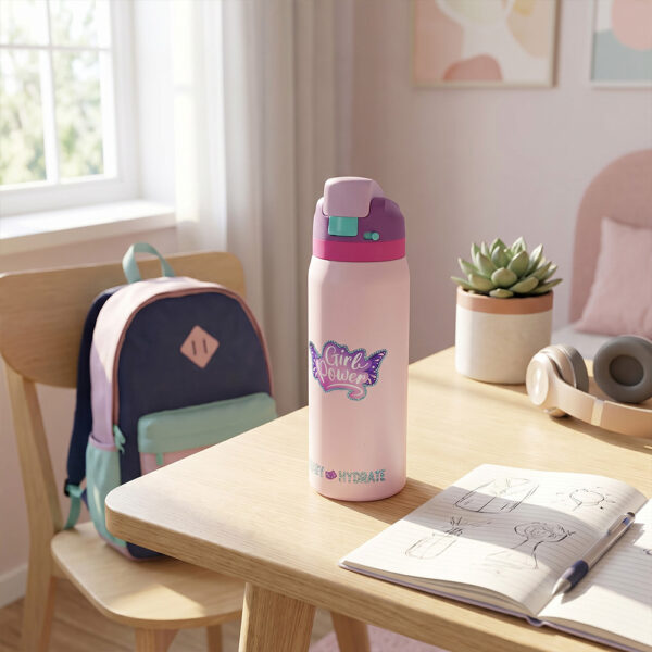 Eazy Kids – Girl Power School Bag Set w/ Stainless Steel Water Bottle – Pink
