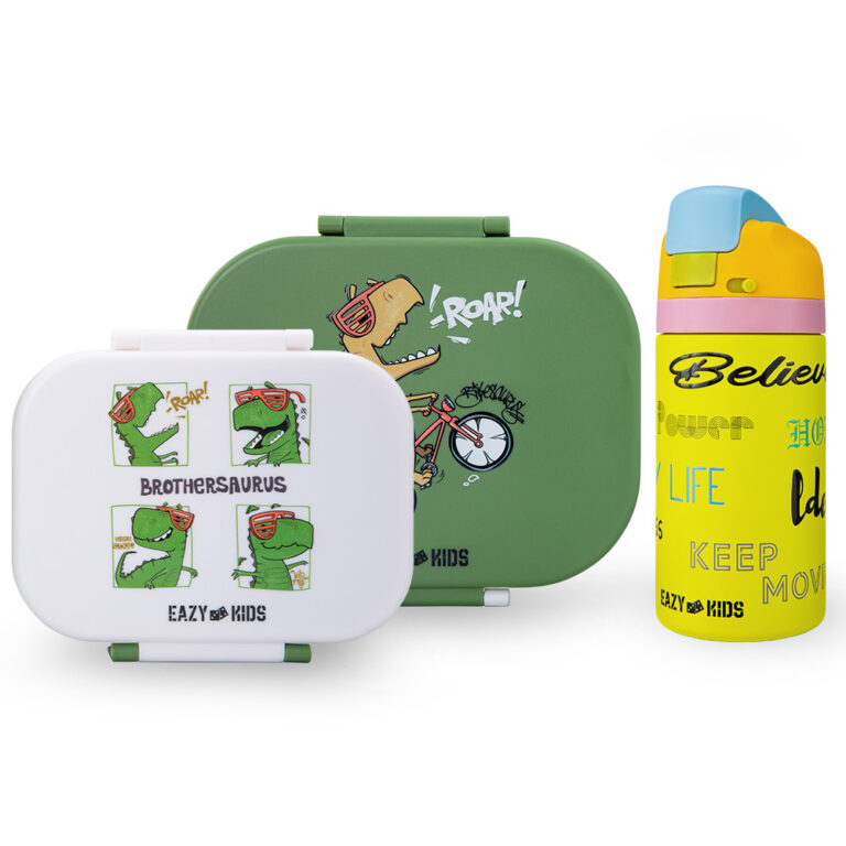 Eazy Kids - Bento Lunch Box Set of 2 w/ Stainless Steel Water Bottle 445ml – Dino Green