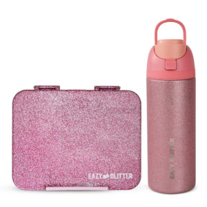 Eazy Kids – Glitter Stainless Steel Water Bottle 720ml w/ Convertible Bento Lunch Box – Glitter Pink