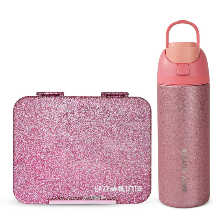 Eazy Kids - Glitter Stainless Steel Water Bottle 720ml w/ Convertible Bento Lunch Box – Glitter Pink