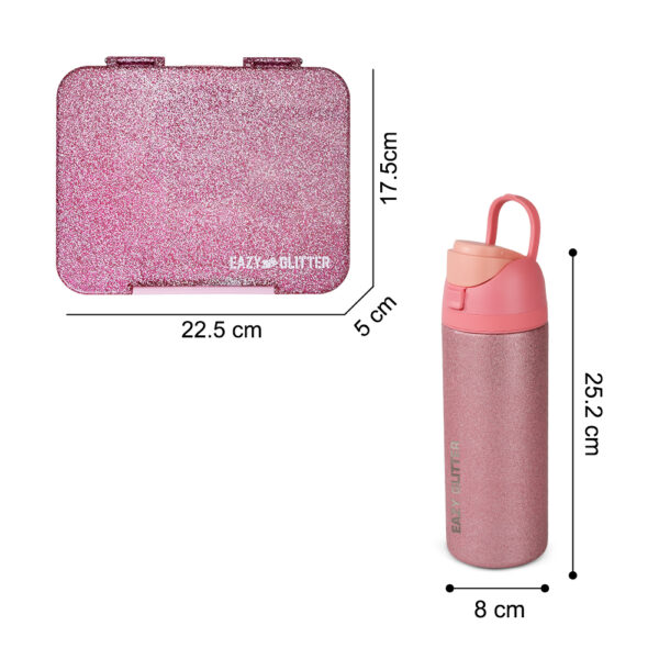 Eazy Kids – Glitter Stainless Steel Water Bottle 720ml w/ Convertible Bento Lunch Box – Glitter Pink