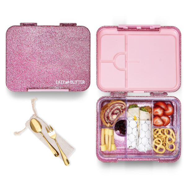 Eazy Kids – Glitter Stainless Steel Water Bottle 720ml w/ Convertible Bento Lunch Box – Glitter Pink