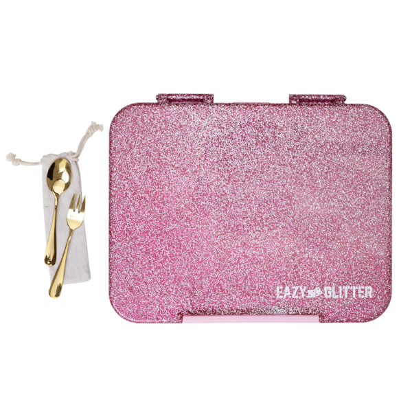 Eazy Kids – Glitter Stainless Steel Water Bottle 720ml w/ Convertible Bento Lunch Box – Glitter Pink
