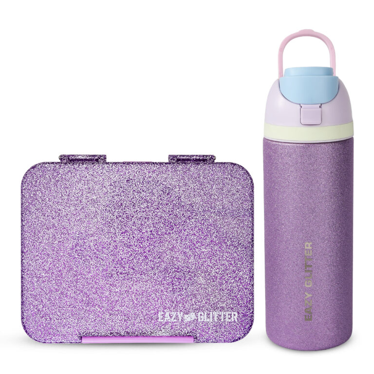 Eazy Kids - Convertible Bento Lunch Box w/ Glitter Stainless Steel Water Bottle 720ml – Glitter Purple