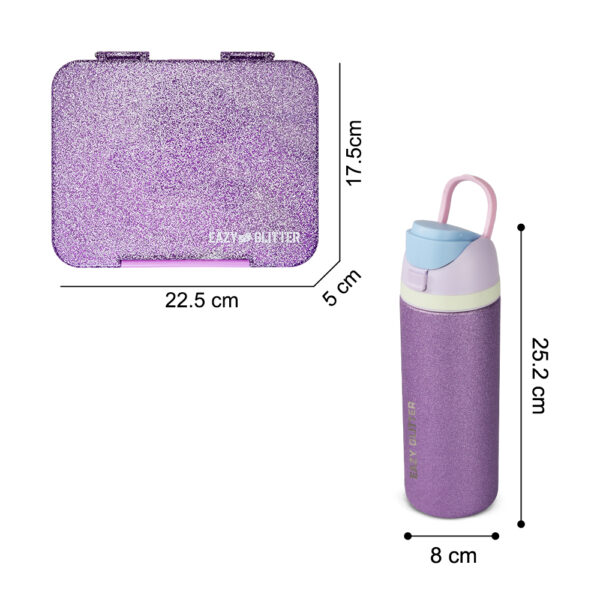 Eazy Kids – Convertible Bento Lunch Box w/ Glitter Stainless Steel Water Bottle 720ml – Glitter Purple