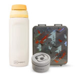 Hydrobrew – Bento Lunch Box 1.74L w/ Steel Food Jar & Sip Switch Water Bottle 1000ml | Leakproof Meal Box – Dinosaurs Grey