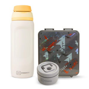 Hydrobrew – Bento Lunch Box 1.74L w/ Steel Food Jar & Sip Switch Water Bottle 1000ml | Leakproof Meal Box – Dinosaurs Grey