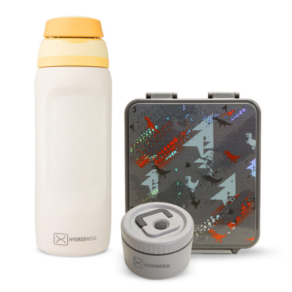 Hydrobrew – Bento Lunch Box 1.74L w/ Steel Food Jar & Sip Switch Water Bottle 1000ml | Leakproof Meal Box – Dinosaurs Grey