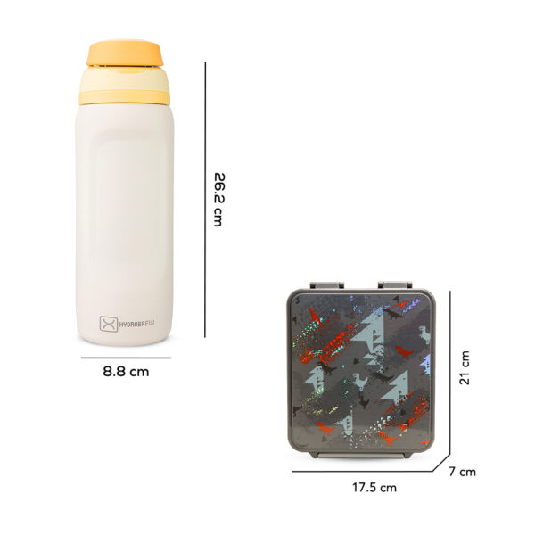 Hydrobrew – Bento Lunch Box 1.74L w/ Steel Food Jar & Sip Switch Water Bottle 1000ml | Leakproof Meal Box – Dinosaurs Grey