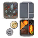 Hydrobrew – Bento Lunch Box 1.74L w/ Steel Food Jar & Sip Switch Water Bottle 1000ml | Leakproof Meal Box – Dinosaurs Grey