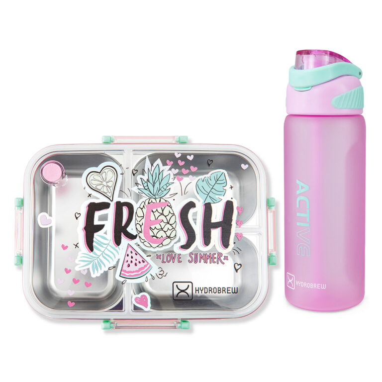Hydrobrew - Steel Core Bento Lunch Box 750ml w/ Sip Switch Tritan Water Bottle 1000ml | Leakproof 3 Compartment Meal Box – Fresh Pink