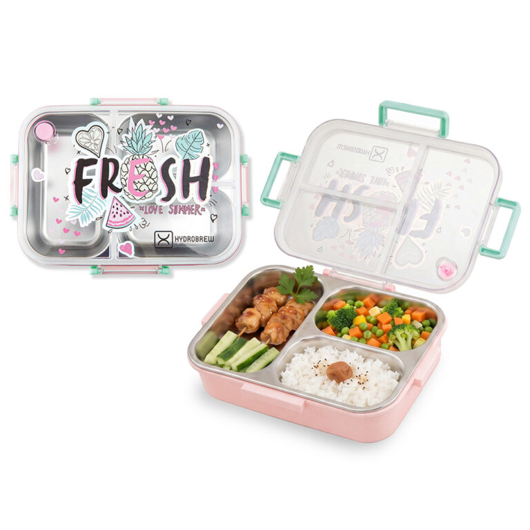 Hydrobrew - Steel Core Bento Lunch Box 750ml w/ Sip Switch Tritan Water Bottle 1000ml | Leakproof 3 Compartment Meal Box – Fresh Pink