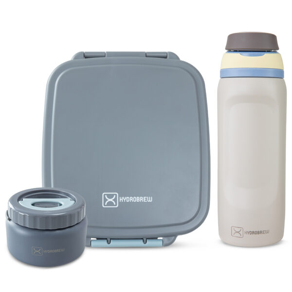 Hydrobrew – Mega Flex Bento Lunch Box 1864ml w/ Sip Switch Water Bottle 1000ml | Leakproof Meal Box w/ Steel Jar – Graphite