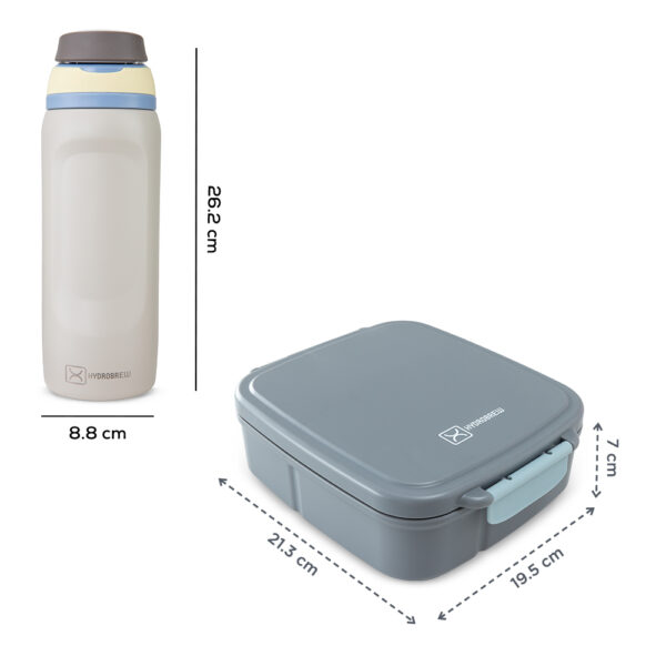 Hydrobrew – Mega Flex Bento Lunch Box 1864ml w/ Sip Switch Water Bottle 1000ml | Leakproof Meal Box w/ Steel Jar – Graphite